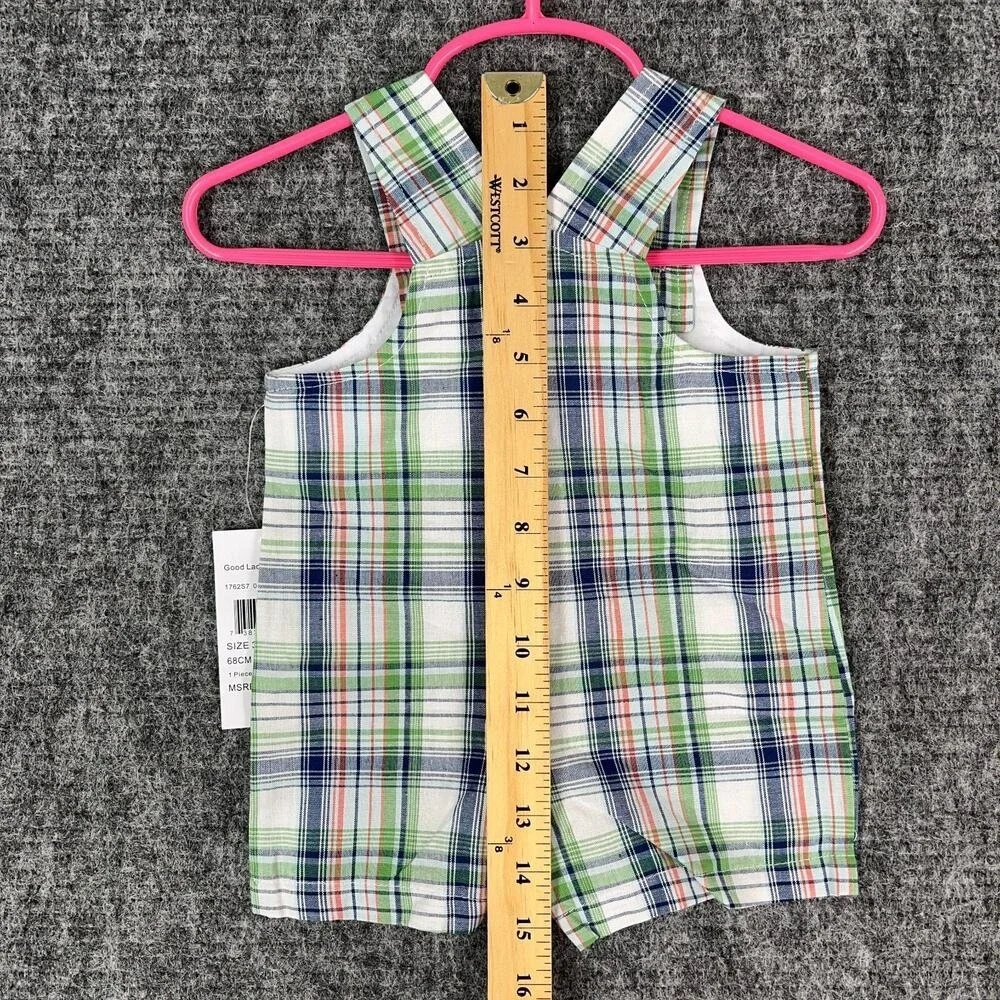 Goodlad Overalls Baby 3/6 Months Shorts Plaid Dinosaur‎ Brontosaurus Green